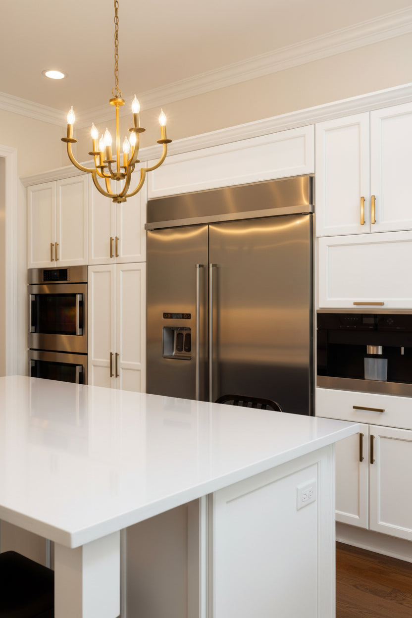 Modern kitchen with stainless steel refrigerator and white cabinets.