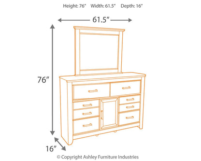 Juararo California King Panel Bed with Mirrored Dresser, Chest and Nightstand