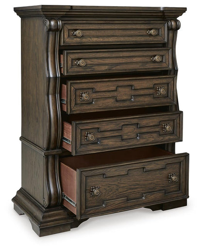 Maylee Queen Upholstered Bed, Dresser, Mirror, Chest and Nightstand