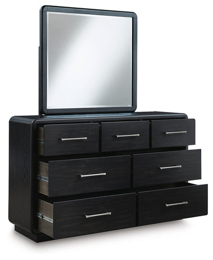 Rowanbeck California King Upholstered Panel Bed, Dresser, Mirror, Chest and Nightstand