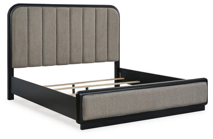 Rowanbeck California King Upholstered Panel Bed, Dresser, Mirror, Chest and Nightstand