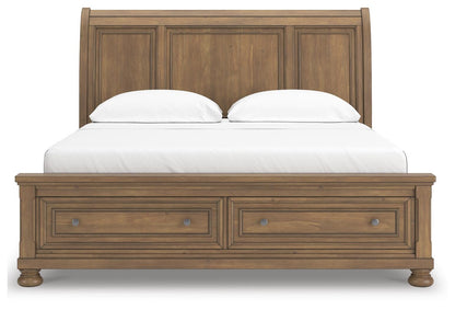 Vandenmore California King Storage Sleigh Bed with Mirrored Dresser and Nightstand