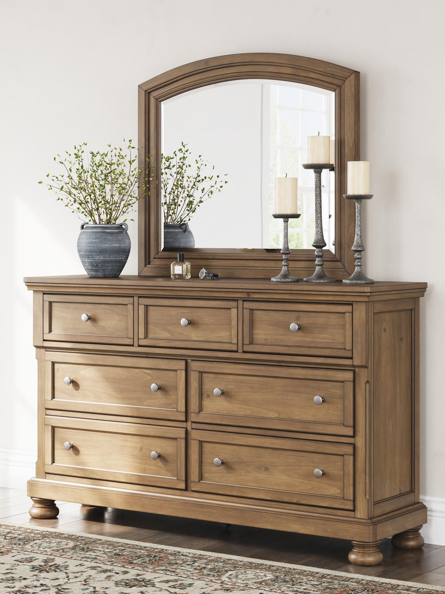 Vandenmore King Storage Sleigh Bed with Mirrored Dresser, Chest and Nightstand