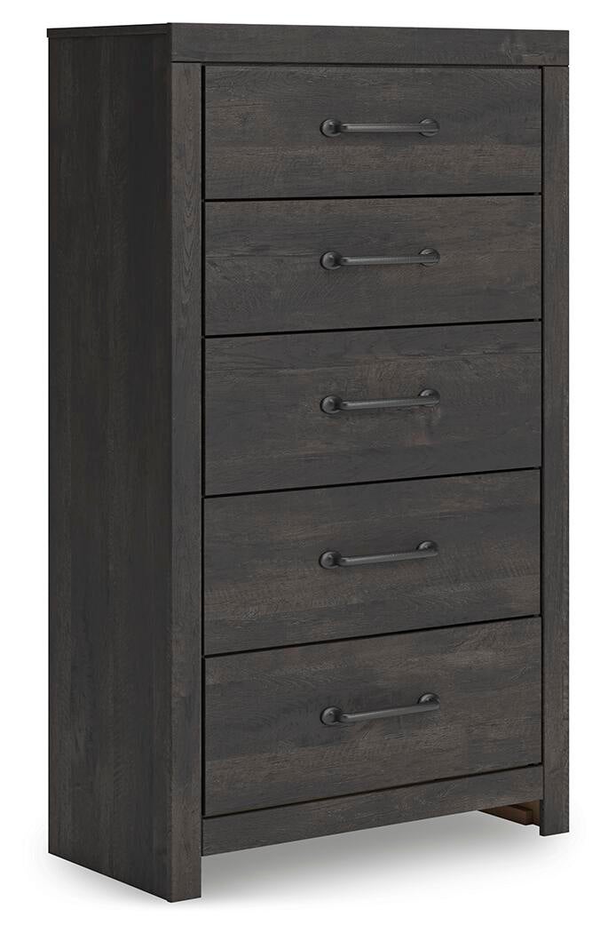 Delmorta King Panel Bed, Dresser, Mirror, Chest and Nightstand