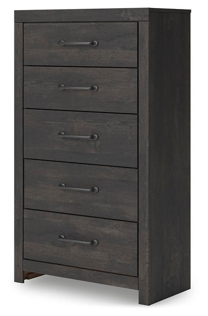 Delmorta King Panel Bed, Dresser, Mirror, Chest and Nightstand