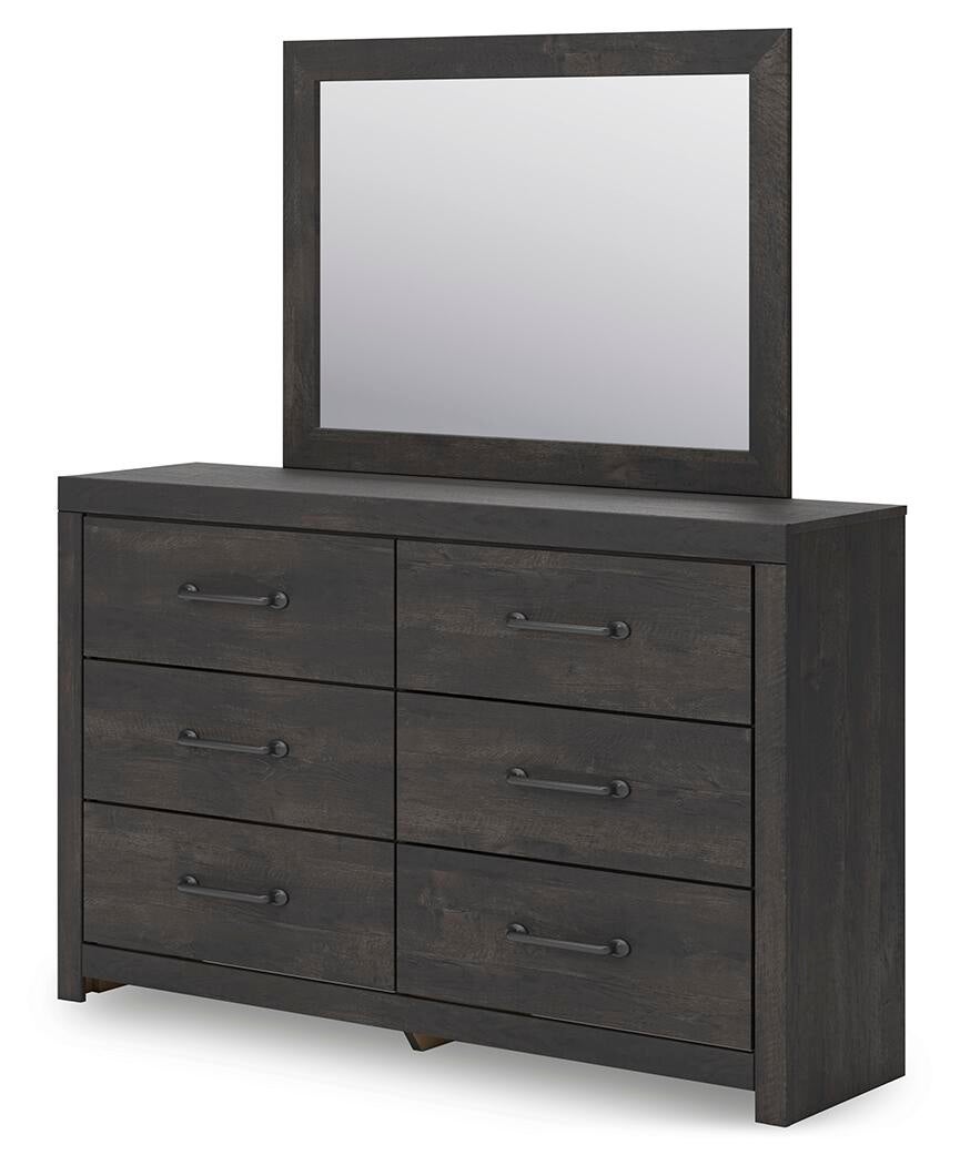 Delmorta Full Panel Storage Bed, Dresser and Mirror