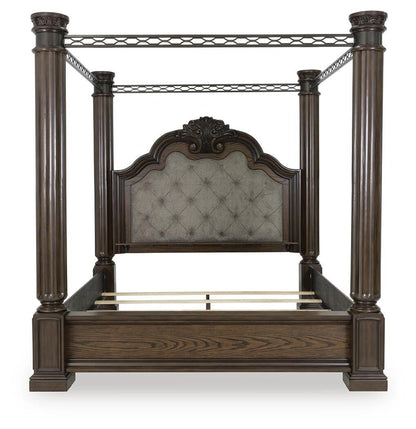 Maylee Queen Canopy Bed, Dresser, Mirror, Chest and Nightstand