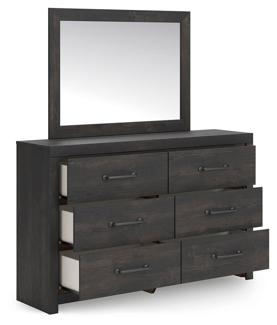 Delmorta Full Panel Bed with Storage, Dresser and Mirror