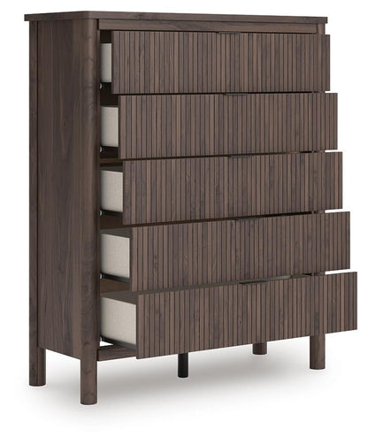 Cadmori Queen Upholstered Panel Platform Bed, Dresser, Mirror, Chest and Nightstand