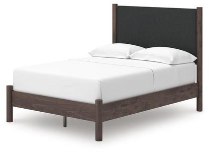 Cadmori Full Upholstered Panel Platform Bed, Dresser, Mirror, Chest and Nightstand
