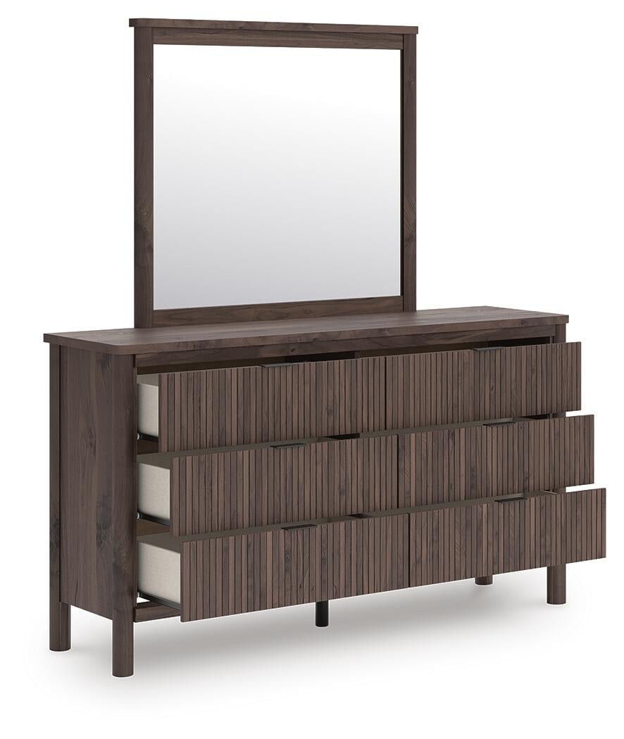 Cadmori Twin Upholstered Panel Platform Bed, Dresser, Mirror and Nightstand