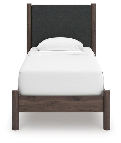 Cadmori Twin Upholstered Panel Platform Bed, Dresser, Mirror and Nightstand