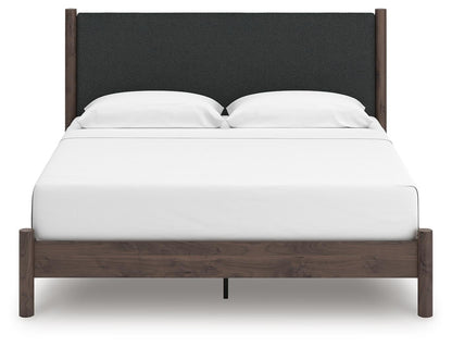 Cadmori King Upholstered Panel Platform Bed, Dresser, Mirror and Nightstand