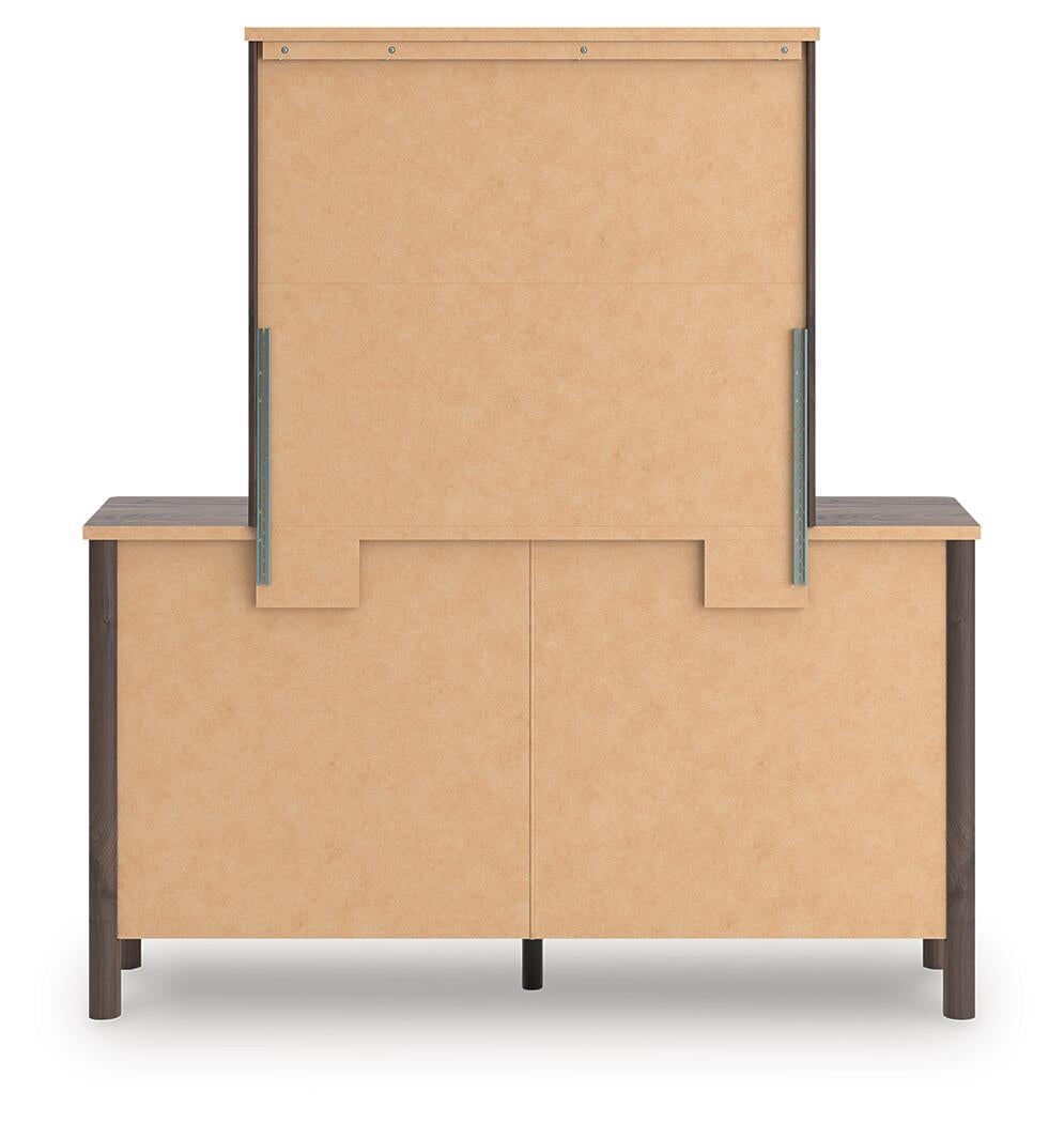 Cadmori King Upholstered Panel Platform Bed, Dresser and Mirror