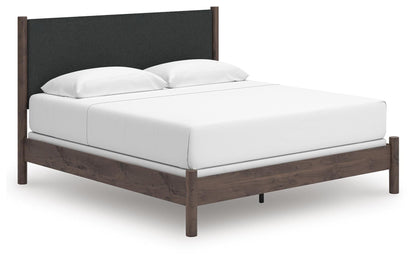 Cadmori King Upholstered Panel Bed, Dresser, Mirror and Nightstand