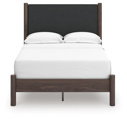 Cadmori Full Upholstered Panel Platform Bed, Dresser and Mirror