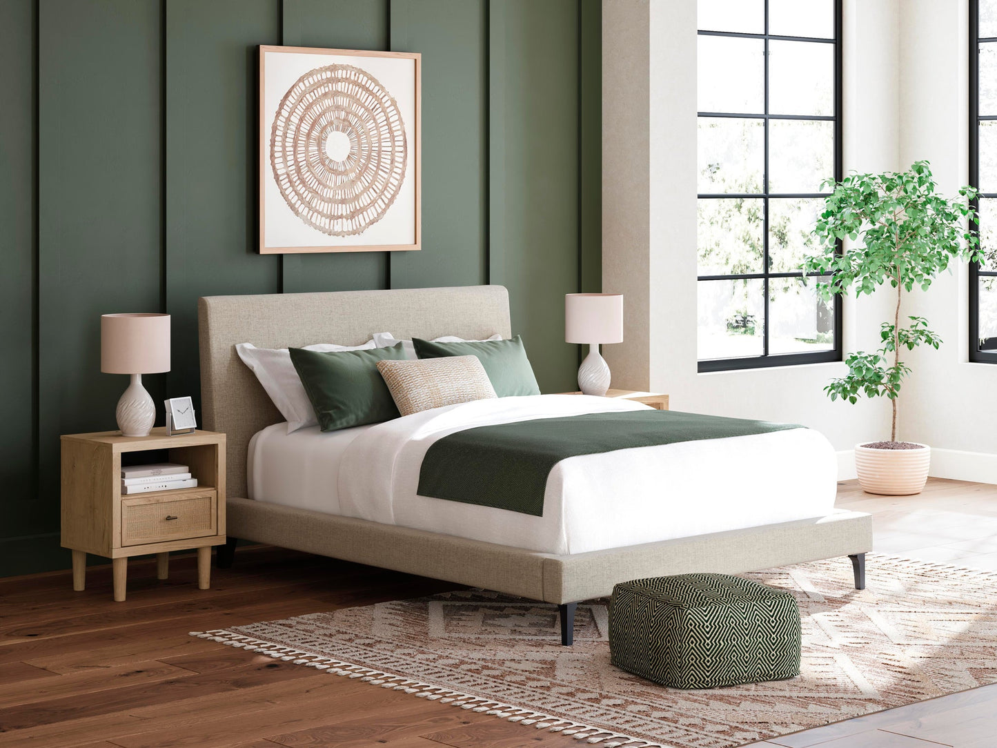 Cielden Queen Upholstered Bed with Roll Slats, Dresser, Mirror, Chest and Nightstand