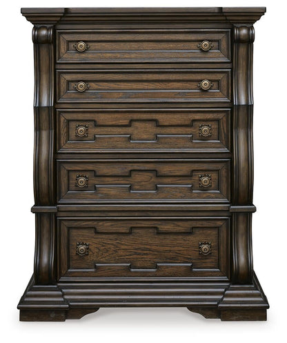 Maylee California King Canopy Bed, Dresser, Mirror, Chest and Nightstand