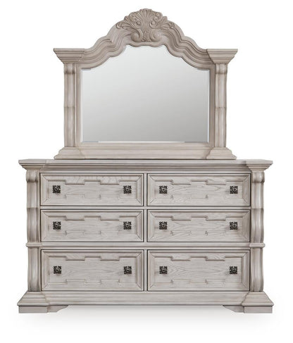 Andonhall King Upholstered Panel Bed with Mirrored Dresser and Nightstand