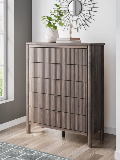 Cadmori Twin Upholstered Panel Bed, Dresser, Mirror, Chest and Nightstand