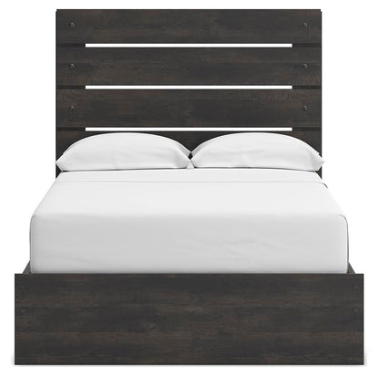 Delmorta Full Panel Bed with Storage, Dresser, Mirror and Nightstand