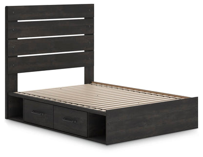 Delmorta Full Panel Bed with Storage, Dresser, Mirror and Nightstand