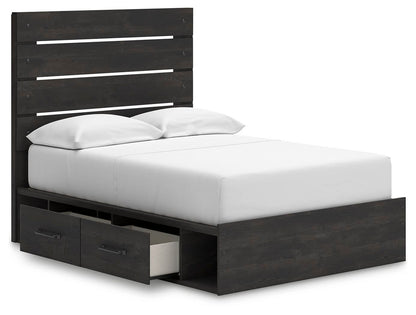 Delmorta Full Panel Bed with Storage, Dresser, Mirror and Nightstand