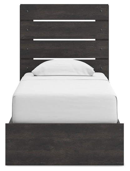 Delmorta Twin Panel Bed with Storage, Dresser, Mirror, Chest and Nightstand