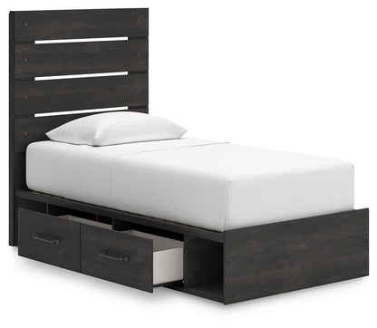 Delmorta Twin Panel Bed with Storage, Dresser, Mirror and Nightstand